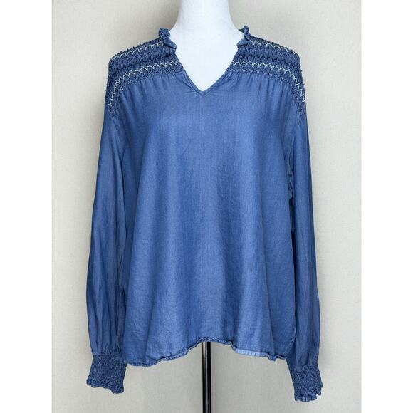 Calligraphie Women’s Blouse Top Blue Pinch Pleated Shoulders Long Sleeve Sz XL - Picture 2 of 14